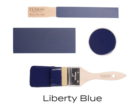 Fusion Mineral Paint Liberty Blue shown as swatches, paint brushes, and a can.