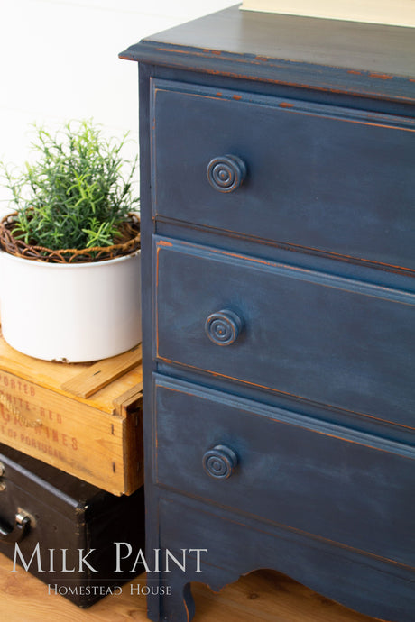 Liberty Blue Milk Paint dresser by Homestead House with 3 drawers.