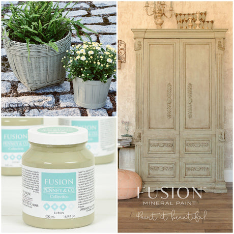 Fusion Mineral Paint Lichen acrylic paint jars, potted plants, and ornate wardrobe in a single collage.