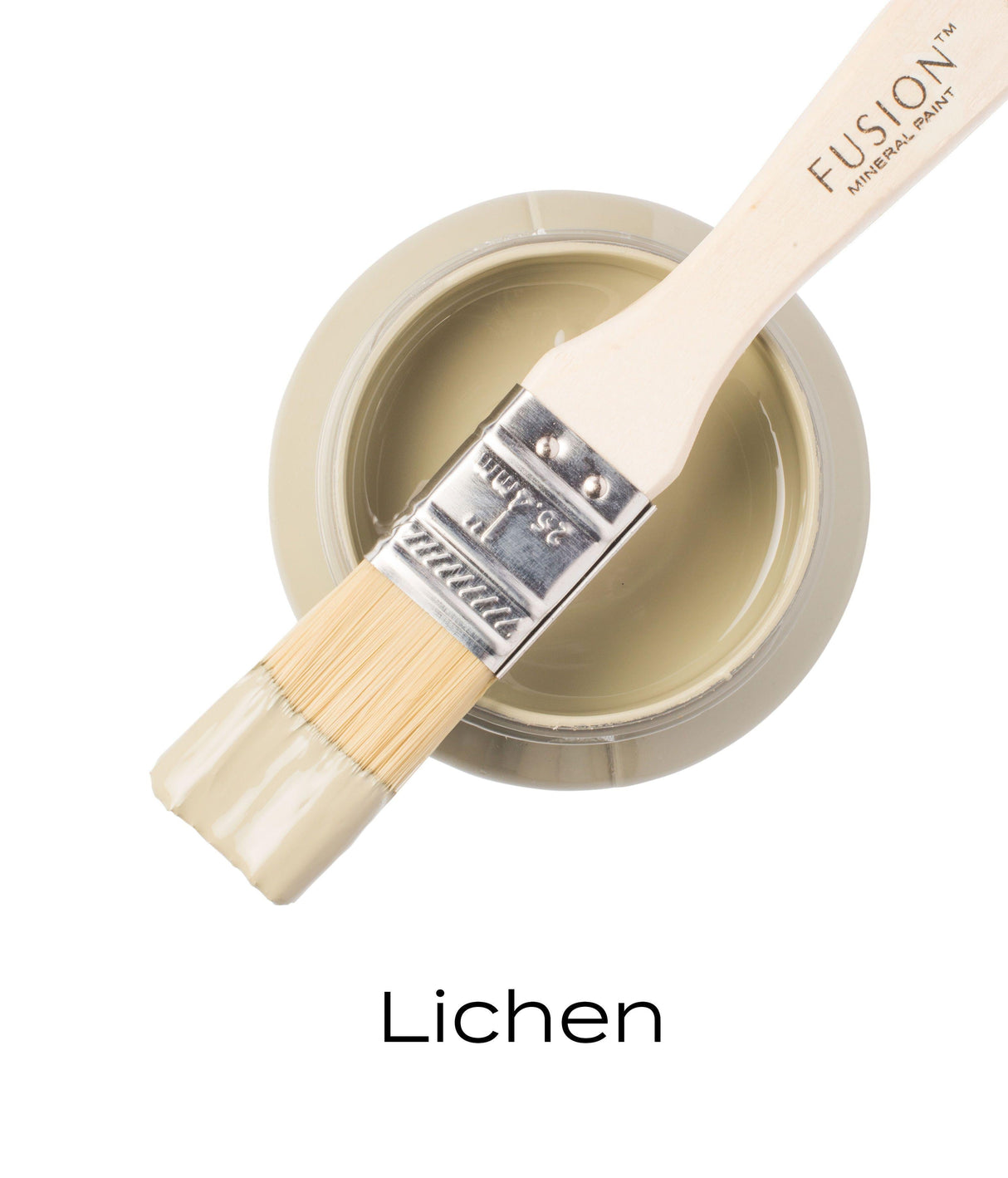 Paintbrush with light green Fusion Mineral Paint rests on open Lichen Fusion Mineral Paint jar with visible label.