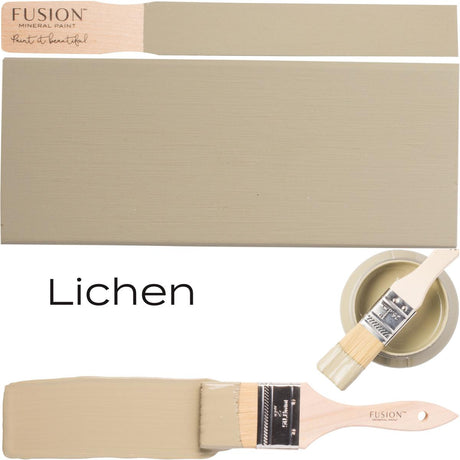 Fusion Mineral Paint Lichen swatches and brushes in muted green-gray shade displayed.