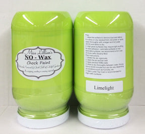 Two Miss Lillian’s Limelight No-Wax Chock Paint jars: one product label, one with instructions.
