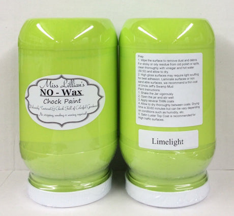 Two Miss Lillian’s Limelight No-Wax Chock Paint jars: one product label, one with instructions.