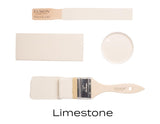 Limestone Fusion Mineral Paint shown on brush, swatch, and sample in brand’s matte finish.