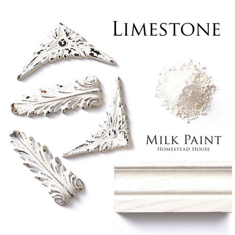 Four ornate wood pieces with Homestead House Limestone Milk Paint sample shown as white powder.