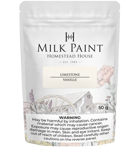 50g Homestead House Limestone Milk Paint in Vanille with warning label at the bottom of the bag.