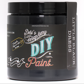 Little Black Dress by DIY Paint Co., black container of clay and chalk paint for furniture projects.