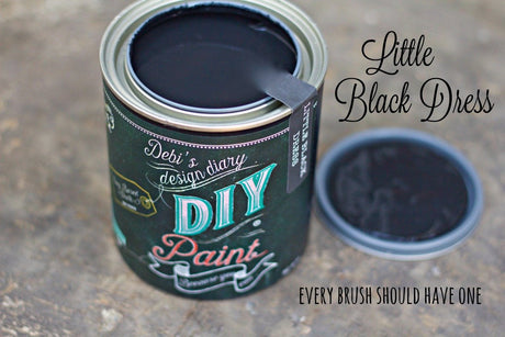 Open can of Little Black Dress DIY Paint by DIY Paint Co. with lid off; label text: Little Black Dress.