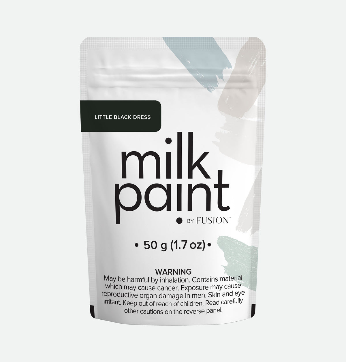 50g pouch of Fusion Mineral Paint Little Black Dress Milk Paint with Bonding Agent and safety info on front.