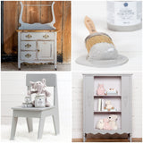 Painted furniture and shelves finished with Little Lamb Fusion Mineral Paint, smooth matte finish, four-image collage.