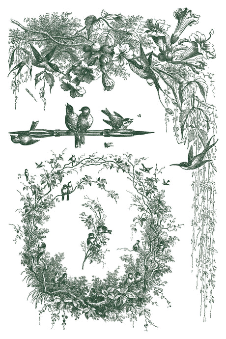 Little Lark Paint Inlay by IOD featuring vintage bird illustrations in leafy frames for décor or toile-style projects.