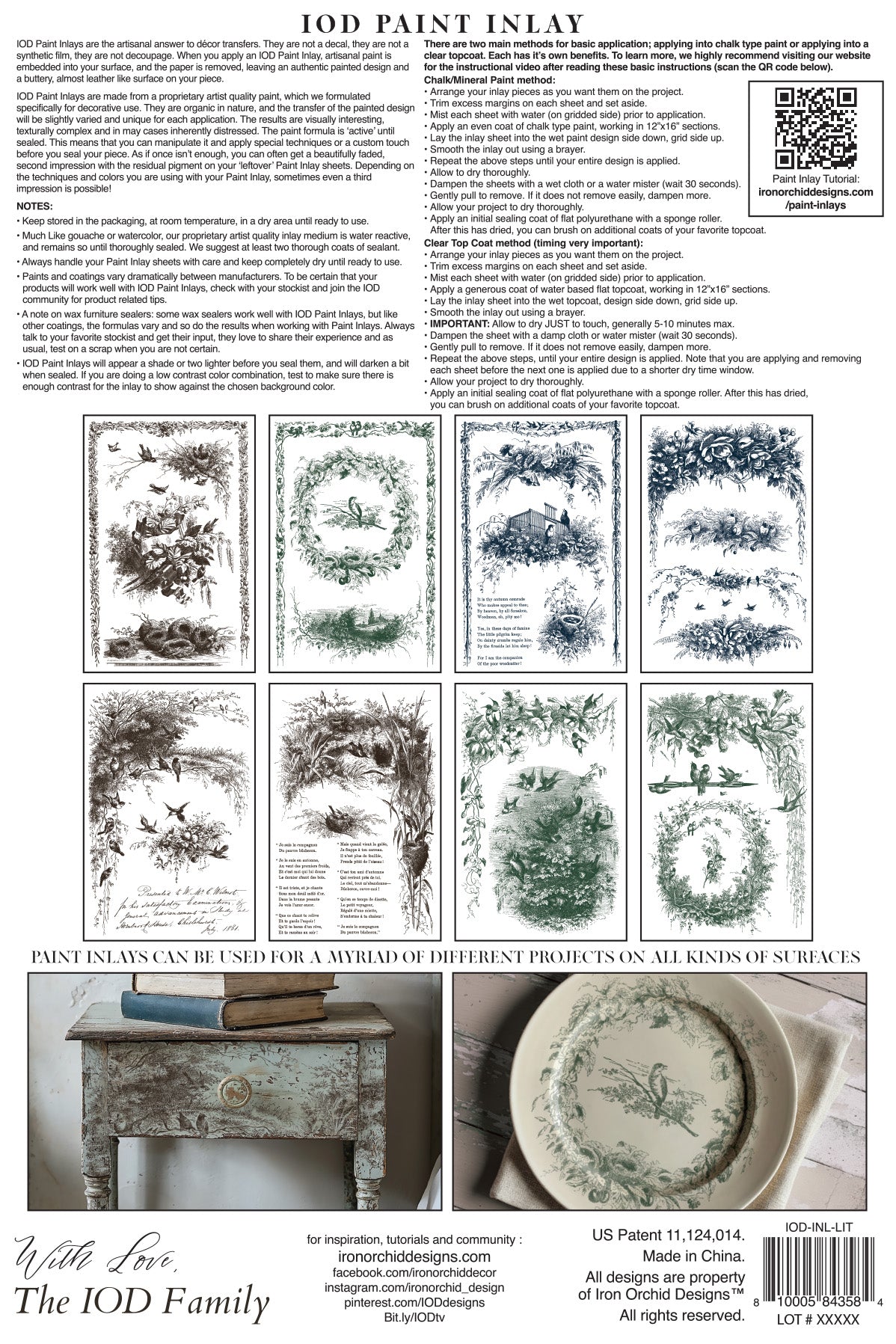 I.O.D. Little Lark Paint Inlay product sheet by Iron Orchid Designs with tips and decor inspiration photos.