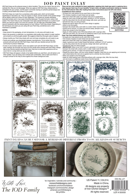 I.O.D. Little Lark Paint Inlay product sheet by Iron Orchid Designs with tips and decor inspiration photos.