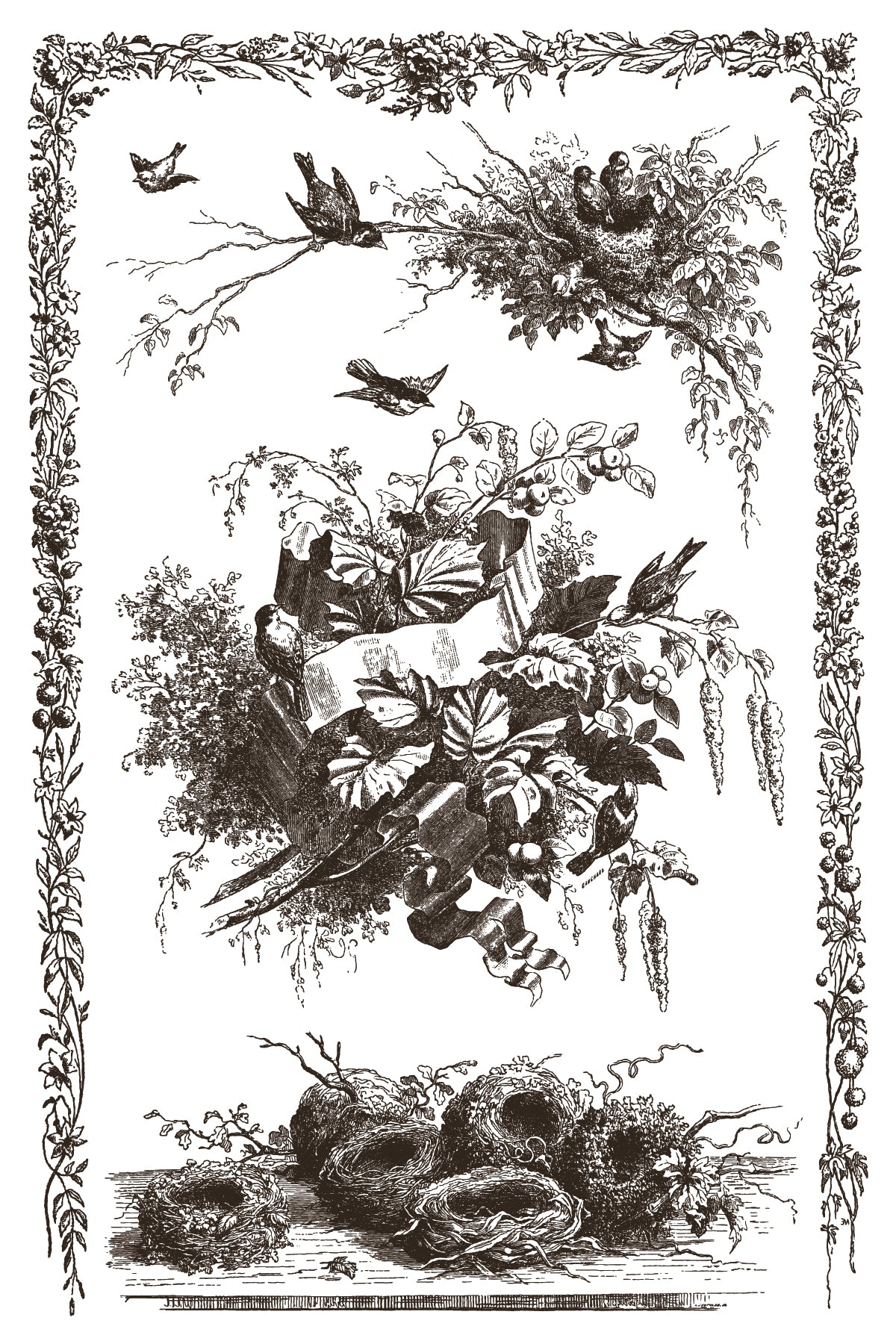 Little Lark Paint Inlay by IOD with black-and-white bird, nest, foliage pattern, and leafy border.