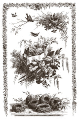 Little Lark Paint Inlay by IOD with black-and-white bird, nest, foliage pattern, and leafy border.