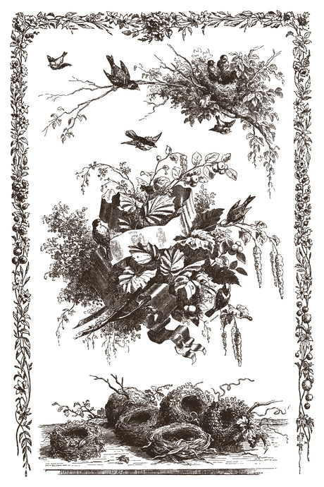 Little Lark Paint Inlay by IOD with black-and-white bird, nest, foliage pattern, and leafy border.