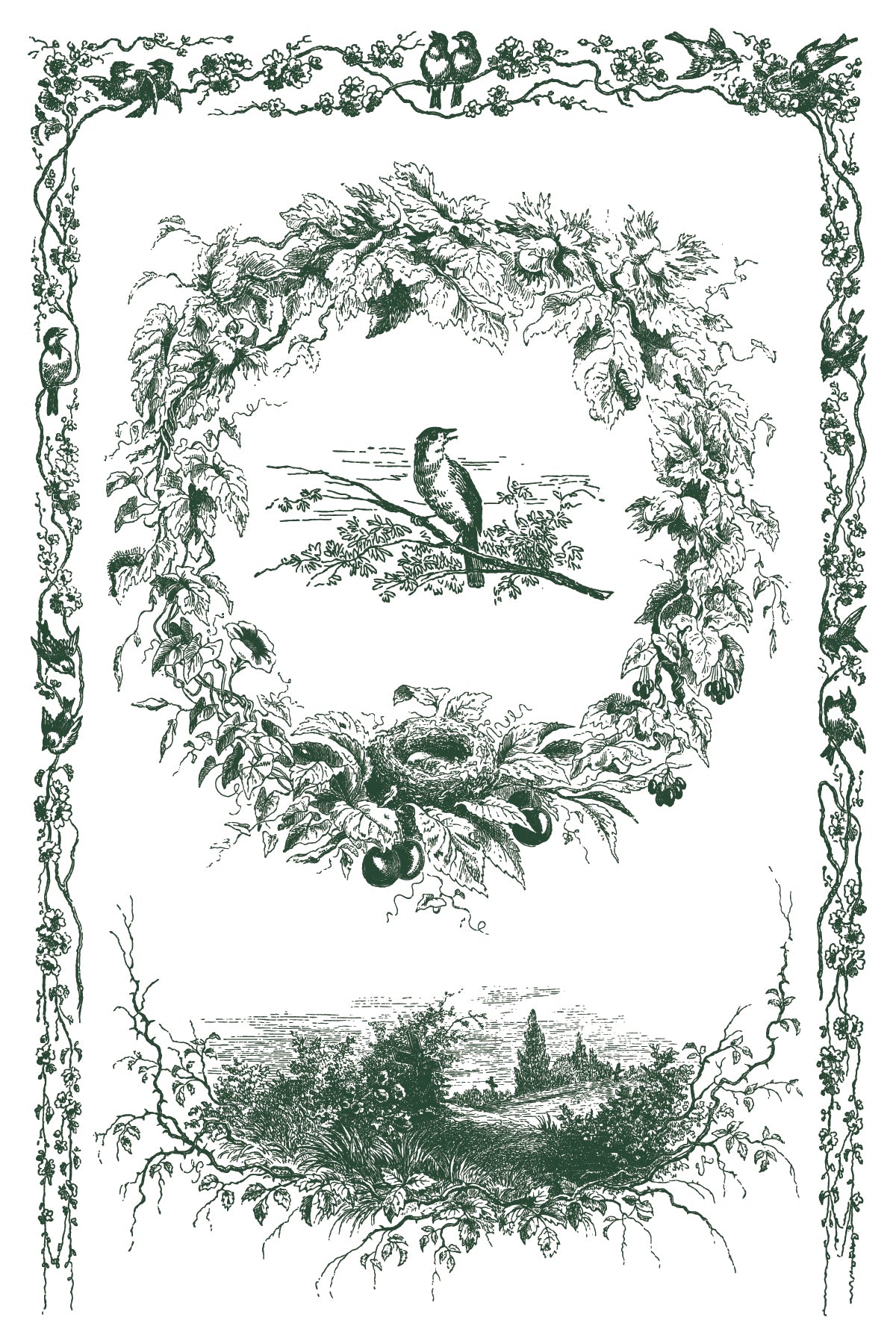 Little Lark Paint Inlay by IOD with a bird on a branch in a wreath, surrounded by toile details and ornate borders.