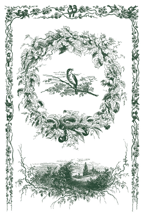 Little Lark Paint Inlay by IOD with a bird on a branch in a wreath, surrounded by toile details and ornate borders.