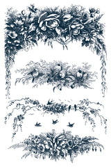 Four black-and-white Little Lark Paint Inlay bird and floral designs by I.O.D. on white background.