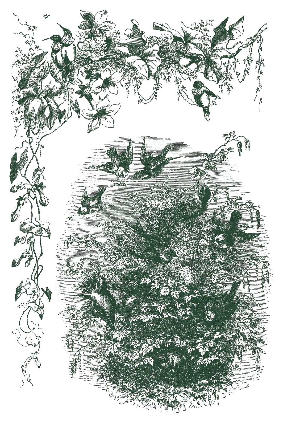 Little Lark Paint Inlay by IOD with birds over bushes, framed by flowers and vines in toile style. Brand: I.O.D.