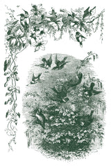 Little Lark Paint Inlay by IOD with birds over bushes, framed by flowers and vines in toile style. Brand: I.O.D.