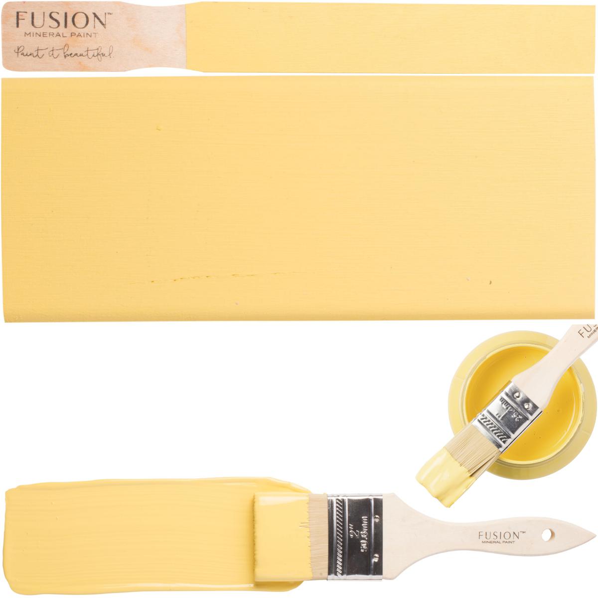 Little Star Fusion Mineral Paint open can, paintbrush, and sample displayed together.