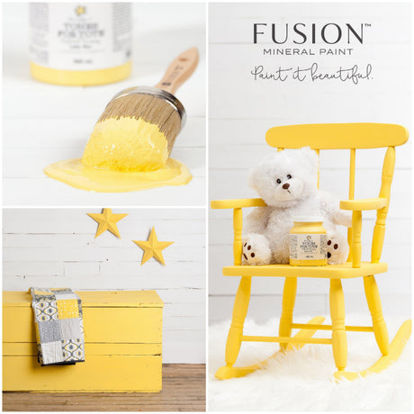 Little Star Fusion Mineral Paint with brush, painted chest, and yellow chair holding a teddy bear in collage.