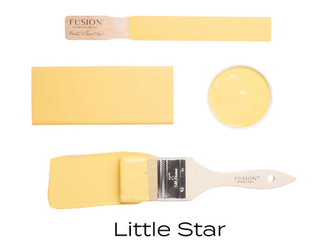 Little Star Fusion Mineral Paint (Seasonal) by Fusion, matte finish shown on wood, brush, dish, and paint swatch.