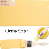 Little Star Fusion Mineral Paint can, yellow paint swatch, and brush with yellow paint.