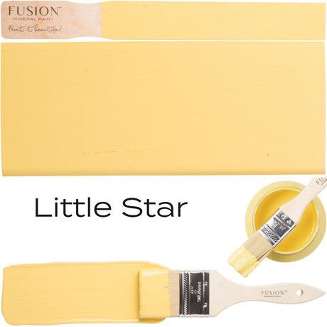 Little Star Fusion Mineral Paint can, yellow paint swatch, and brush with yellow paint.