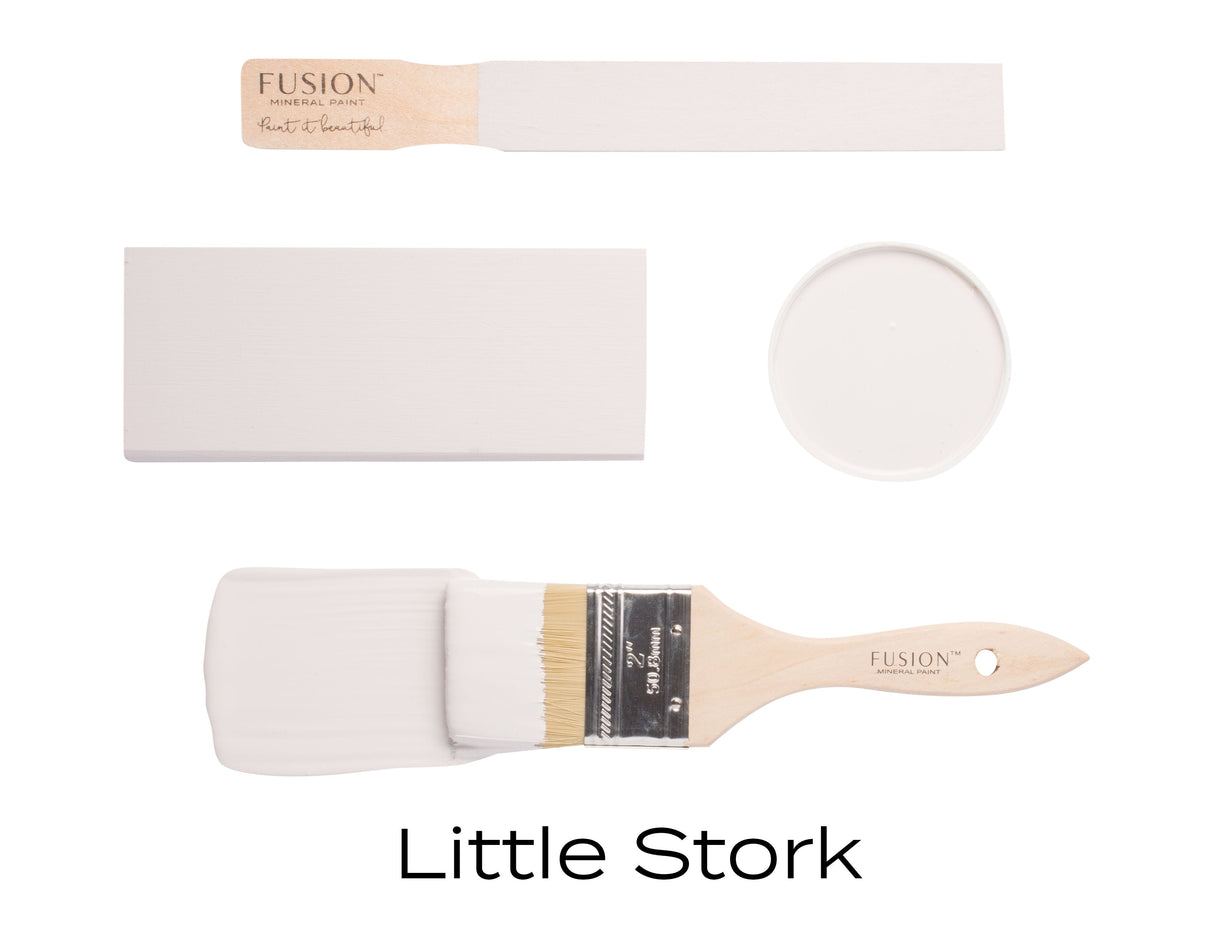 Fusion Little Stork Mineral Paint swatch with four paint tools for furniture projects.