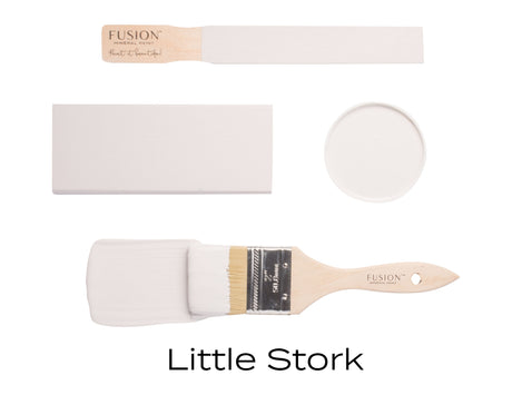 Fusion Little Stork Mineral Paint swatch with four paint tools for furniture projects.