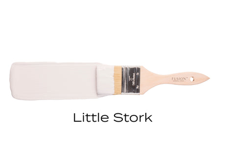 Fusion Mineral Paint Little Stork Limited Release brush on white, label clearly shown.