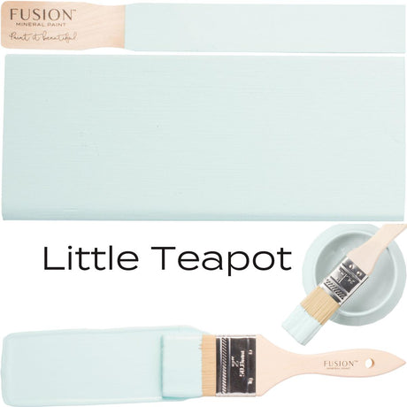 Paintbrush with teal paint, swatch, bowl, and “Little Teapot Fusion Mineral Paint” text by Fusion Mineral Paint.