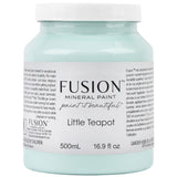Fusion Mineral Paint 500mL jar, Little Teapot shade, light blue-teal color, front label visible.