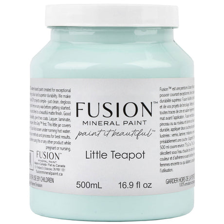Fusion Mineral Paint 500mL jar, Little Teapot shade, light blue-teal color, front label visible.