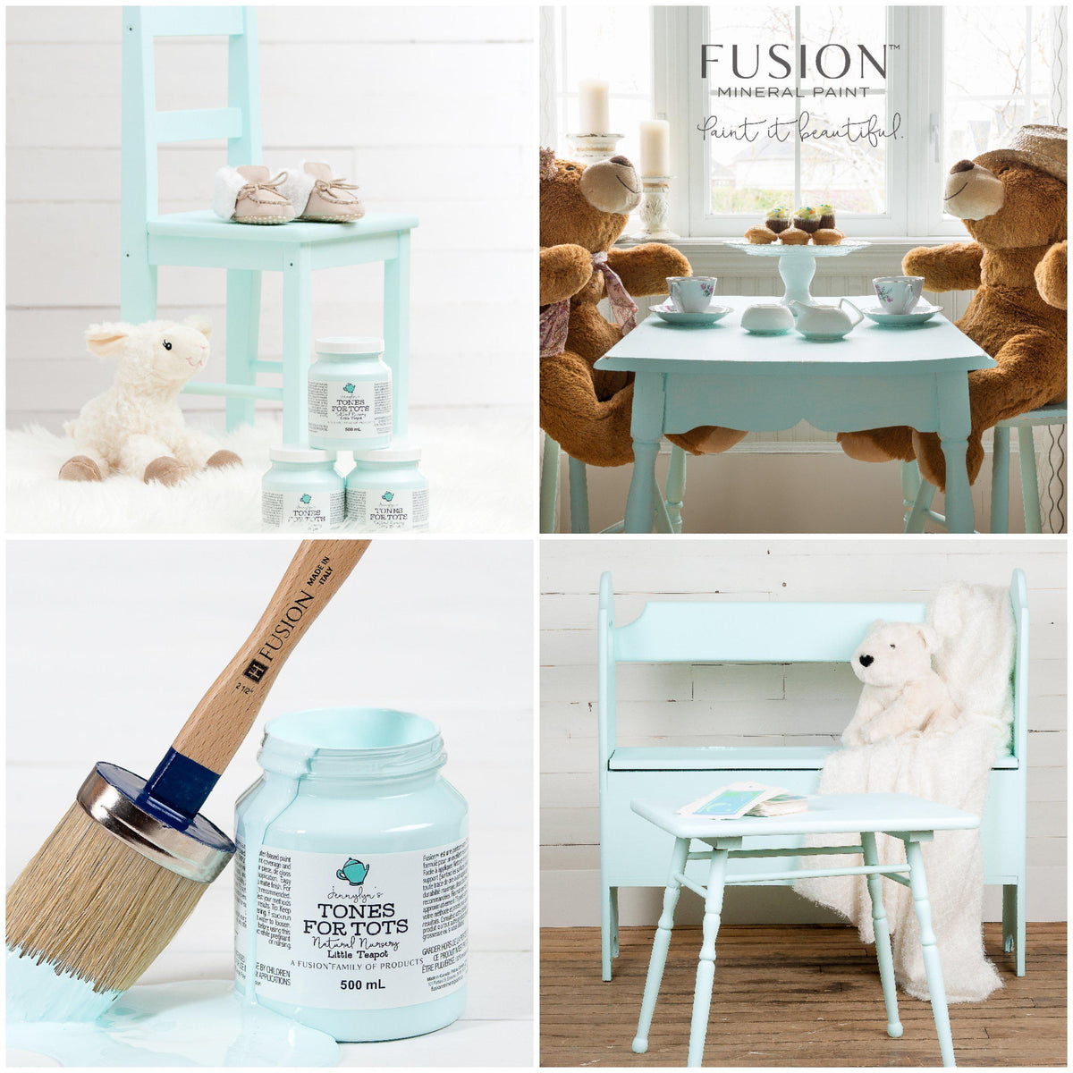 Little Teapot Fusion Mineral Paint shown on furniture, plush toys, paint cans, and a brush in bright lighting.