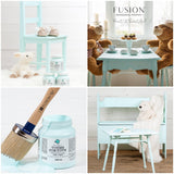 Little Teapot Fusion Mineral Paint shown on furniture, plush toys, paint cans, and a brush in bright lighting.
