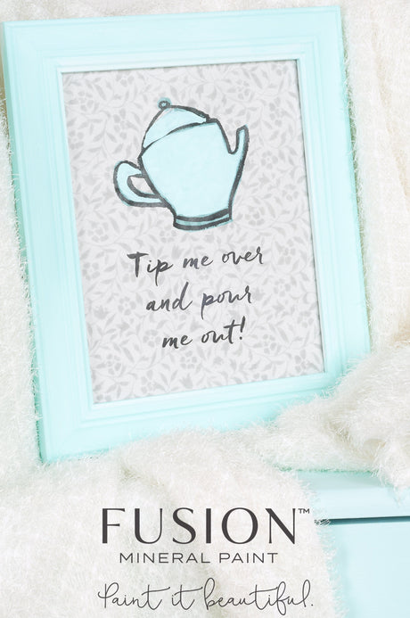 Framed Little Teapot Fusion Mineral Paint print with teal accents and the text: Tip me over and pour me out!.