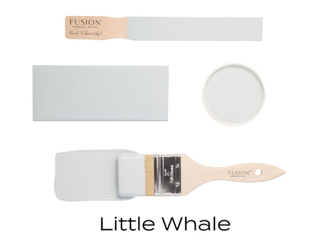 Fusion Mineral Paint Little Whale blue acrylic sample pots and brushes.