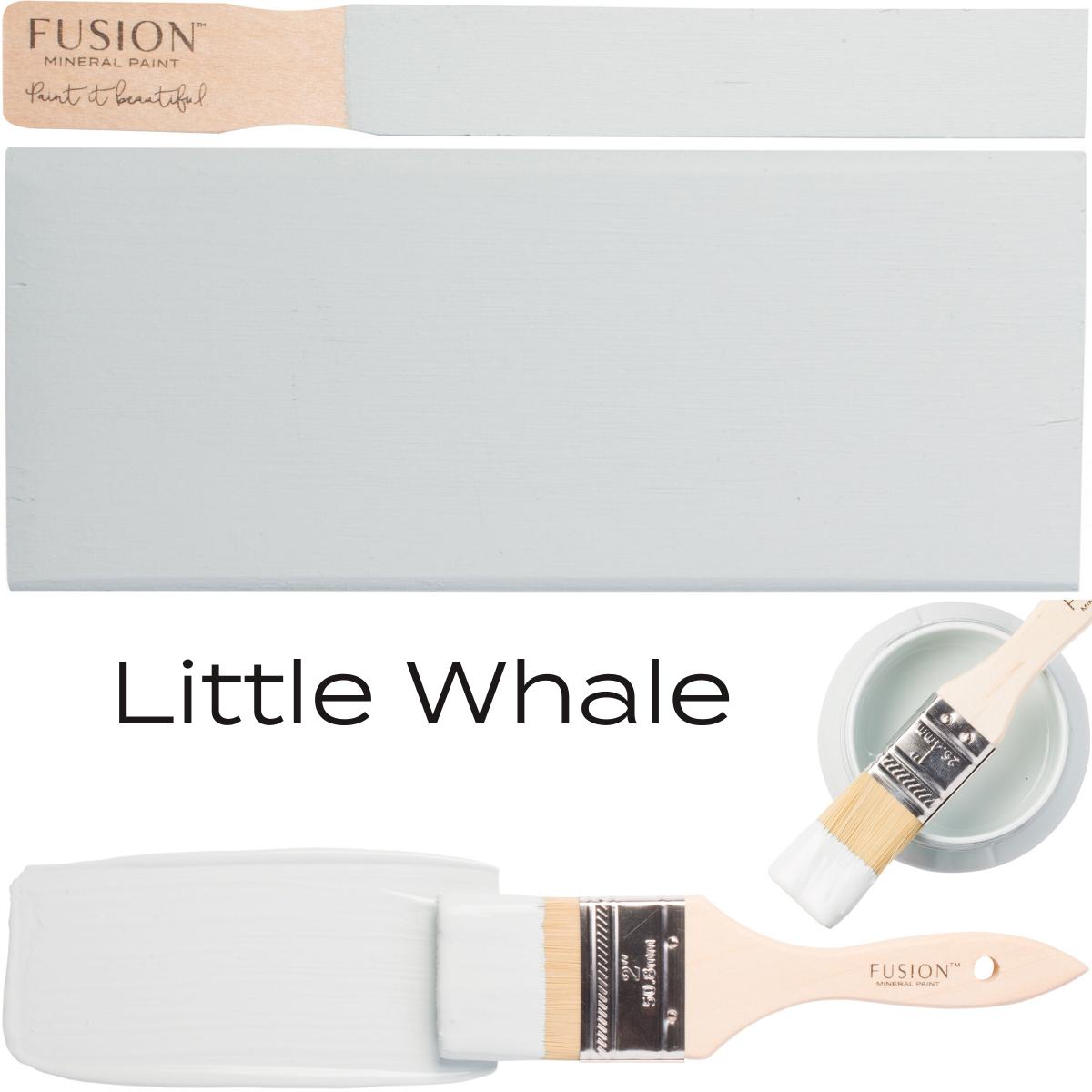Little Whale Fusion Mineral Paint swatches and paintbrushes, soft lake blue shade from Fusion Mineral Paint.