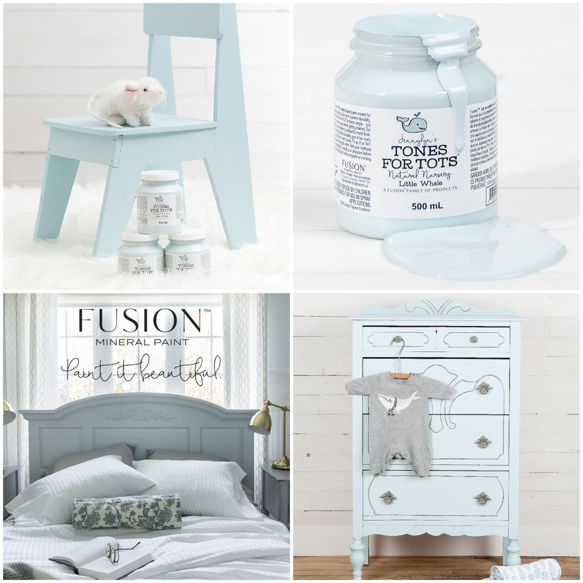 Collage featuring Little Whale Fusion Mineral Paint, a painted bed, dresser, blue jars, and white toy mouse on chair.