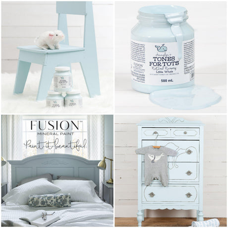 Collage featuring Little Whale Fusion Mineral Paint, a painted bed, dresser, blue jars, and white toy mouse on chair.