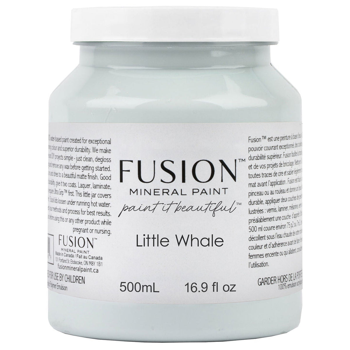500mL jar of Little Whale Fusion Mineral Paint, lake-blue color with clear label and branding visible.