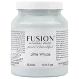 500mL jar of Little Whale Fusion Mineral Paint, lake-blue color with clear label and branding visible.