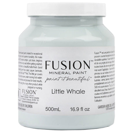 500mL jar of Little Whale Fusion Mineral Paint, lake-blue color with clear label and branding visible.