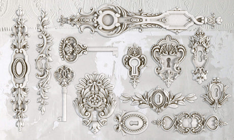 Lock and Key Mould vintage-style keyholes and keys by IOD - Iron Orchid Designs displayed together.