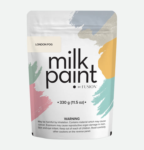 330g pouch of London Fog Milk Paint by Fusion Mineral Paint with colorful brushstroke pattern on the packaging.