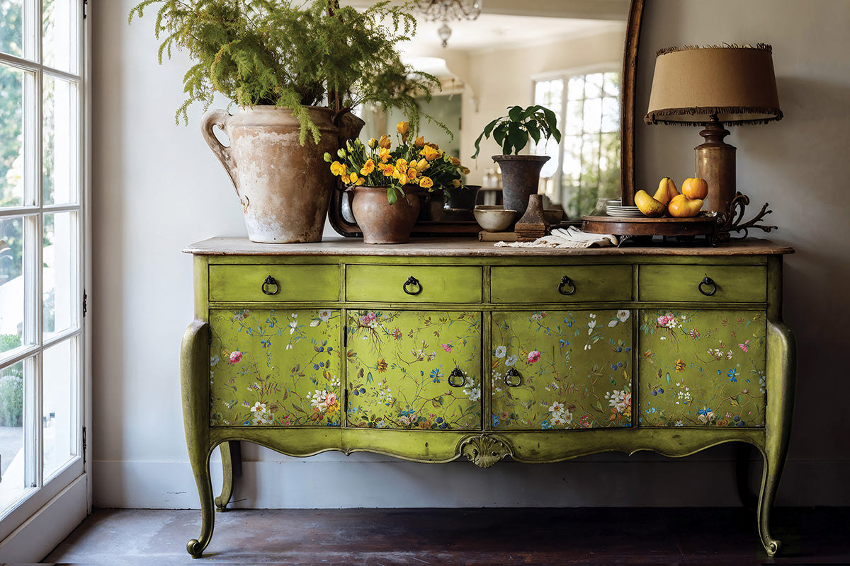 Green floral dresser with plants, lamp, and I.O.D. Lost Garden Transfer by Iron Orchid Designs.