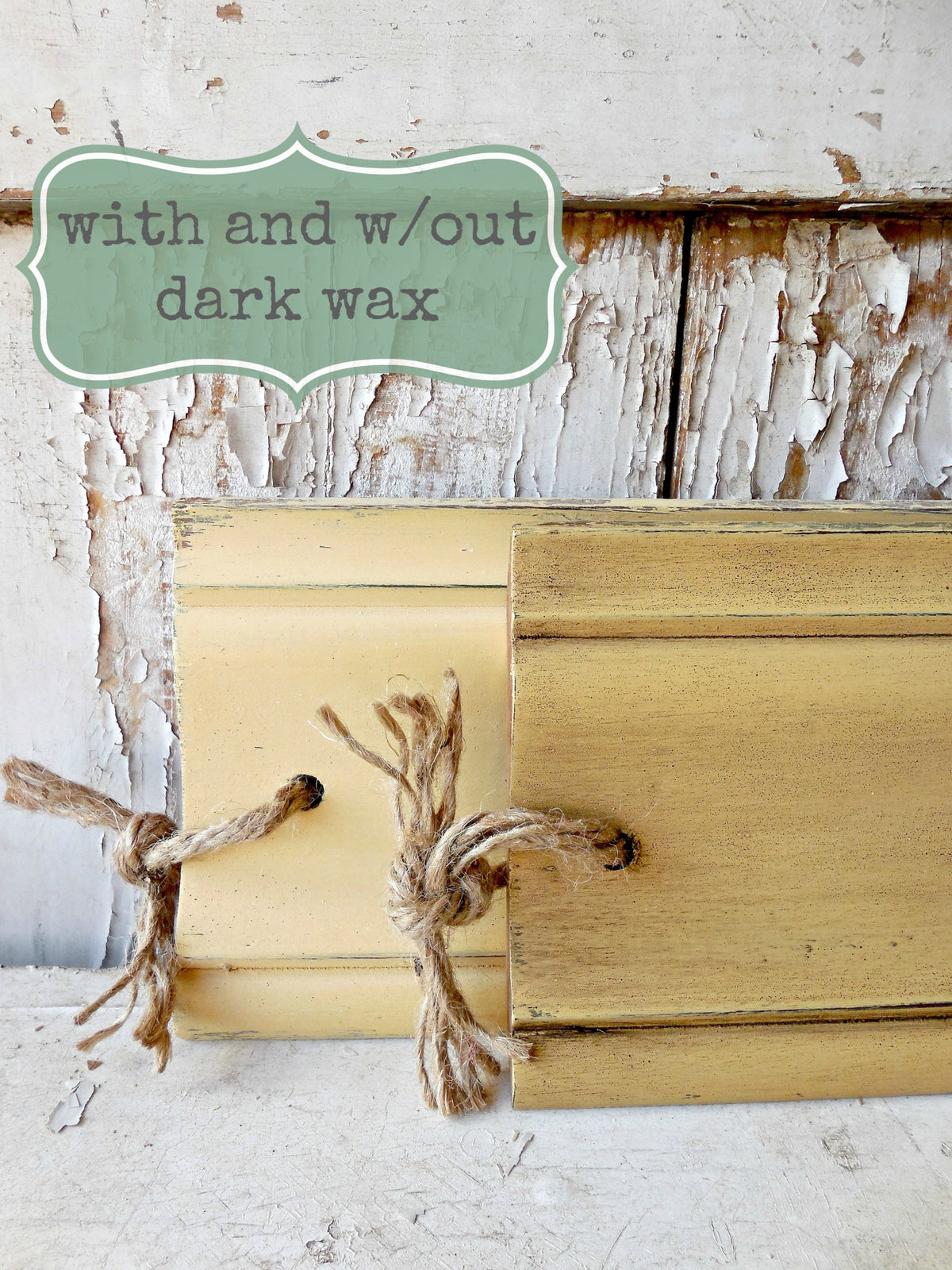 Two yellow boards painted with Love Bug by Old Fashioned Milk Paint, tied together with twine.